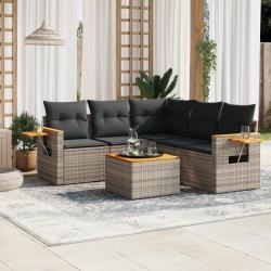Salon de jardin 6 pcs avec coussins gris r&eacute;sine tress&eacute;e