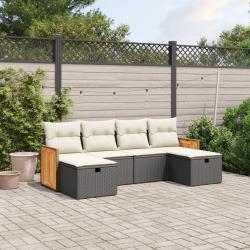 Salon de jardin 6 pcs avec coussins noir r&eacute;sine tress&eacute;e