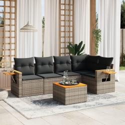 Salon de jardin 6 pcs avec coussins gris r&eacute;sine tress&eacute;e