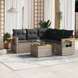 Salon de jardin 6 pcs avec coussins gris r&eacute;sine tress&eacute;e