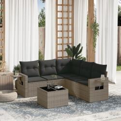 Salon de jardin 6 pcs avec coussins gris r&eacute;sine tress&eacute;e