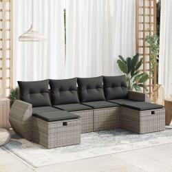 Salon de jardin 6 pcs avec coussins gris r&eacute;sine tress&eacute;e