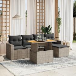 Salon de jardin 6 pcs avec coussins gris r&eacute;sine tress&eacute;e