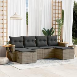 Salon de jardin 6 pcs avec coussins gris r&eacute;sine tress&eacute;e