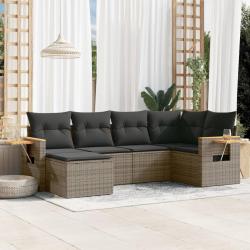 Salon de jardin 6 pcs avec coussins gris r&eacute;sine tress&eacute;e