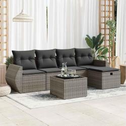 Salon de jardin 6 pcs avec coussins gris r&eacute;sine tress&eacute;e