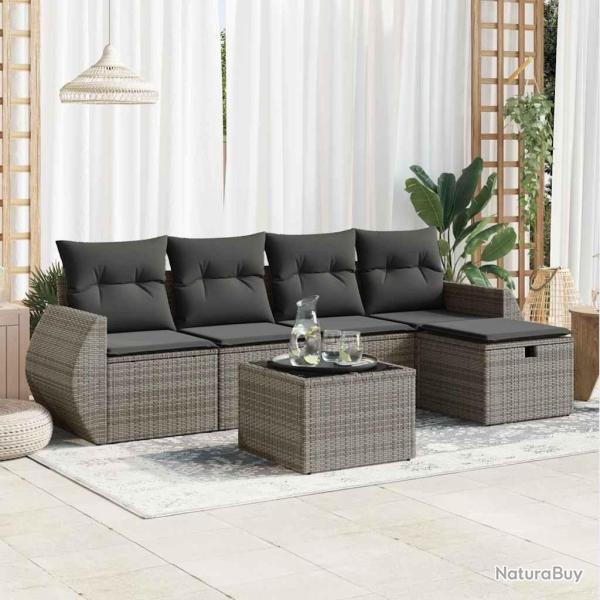 Salon de jardin 6 pcs avec coussins gris r�sine tress�e