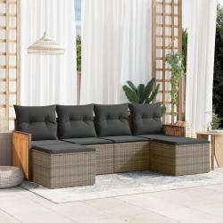 Salon de jardin 6 pcs avec coussins gris r&eacute;sine tress&eacute;e