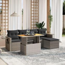 Salon de jardin 6 pcs avec coussins gris r&eacute;sine tress&eacute;e
