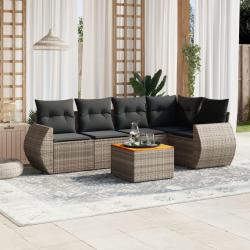 Salon de jardin 6 pcs avec coussins gris r&eacute;sine tress&eacute;e