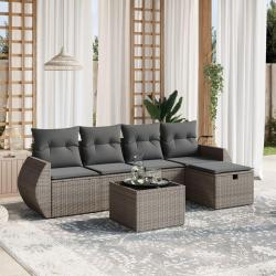 Salon de jardin 6 pcs avec coussins gris r&eacute;sine tress&eacute;e