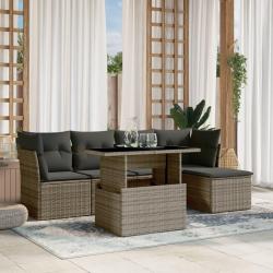 Salon de jardin 6 pcs avec coussins gris r&eacute;sine tress&eacute;e