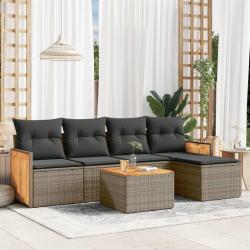 Salon de jardin 6 pcs avec coussins gris r&eacute;sine tress&eacute;e