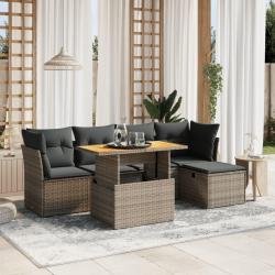 Salon de jardin 6 pcs avec coussins gris r&eacute;sine tress&eacute;e