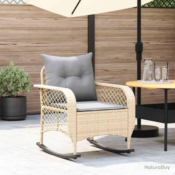 Chaise � bascule de jardin avec coussins beige r�sine tress�e