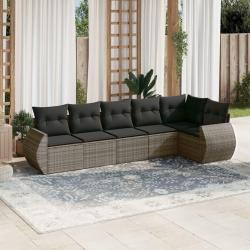 Salon de jardin 6 pcs avec coussins gris r&eacute;sine tress&eacute;e