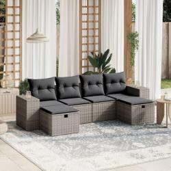 Salon de jardin 6 pcs avec coussins gris r&eacute;sine tress&eacute;e