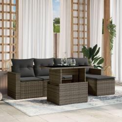 Salon de jardin 6 pcs avec coussins gris r&eacute;sine tress&eacute;e
