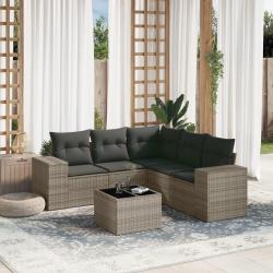 Salon de jardin 6 pcs avec coussins gris r&eacute;sine tress&eacute;e