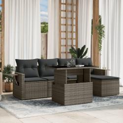 Salon de jardin 6 pcs avec coussins gris r&eacute;sine tress&eacute;e