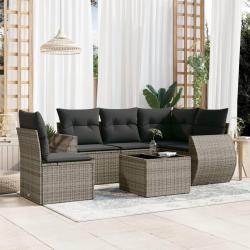 Salon de jardin 6 pcs avec coussins gris r&eacute;sine tress&eacute;e