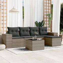 Salon de jardin 6 pcs avec coussins gris r&eacute;sine tress&eacute;e