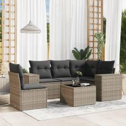 Salon de jardin 6 pcs avec coussins gris r&eacute;sine tress&eacute;e