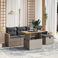 Salon de jardin 6 pcs avec coussins gris r&eacute;sine tress&eacute;e