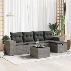 Salon de jardin 6 pcs avec coussins gris r&eacute;sine tress&eacute;e