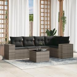 Salon de jardin 6 pcs avec coussins gris r&eacute;sine tress&eacute;e
