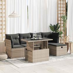 Salon de jardin 6 pcs avec coussins gris r&eacute;sine tress&eacute;e