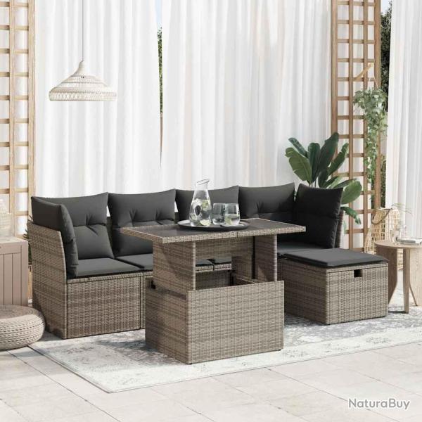 Salon de jardin 6 pcs avec coussins gris r�sine tress�e