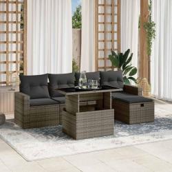Salon de jardin 6 pcs avec coussins gris r&eacute;sine tress&eacute;e
