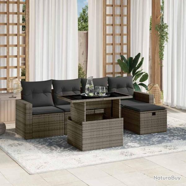 Salon de jardin 6 pcs avec coussins gris r�sine tress�e