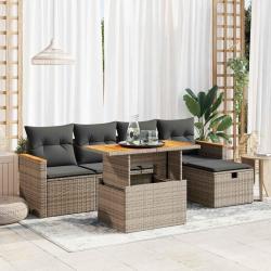 Salon de jardin 6 pcs avec coussins gris r&eacute;sine tress&eacute;e