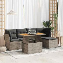 Salon de jardin 6 pcs avec coussins gris r&eacute;sine tress&eacute;e