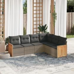 Salon de jardin 6 pcs avec coussins gris r&eacute;sine tress&eacute;e