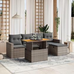Salon de jardin 6 pcs avec coussins gris r&eacute;sine tress&eacute;e