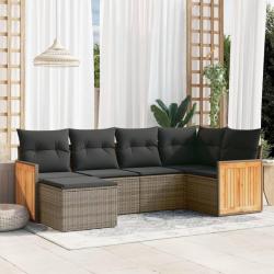 Salon de jardin 6 pcs avec coussins gris r&eacute;sine tress&eacute;e