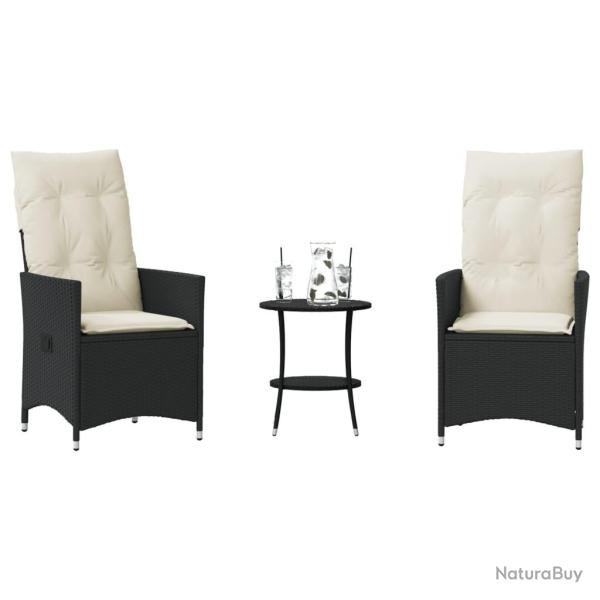 Ensemble de bistro 3 pcs avec coussins noir r�sine tress�e
