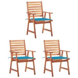 Chaises &agrave; manger d'ext&eacute;rieur lot de 3 et coussins Acacia massif