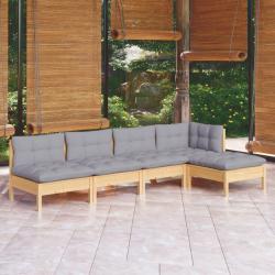 Salon de jardin 5 pcs avec coussins gris bois de pin
