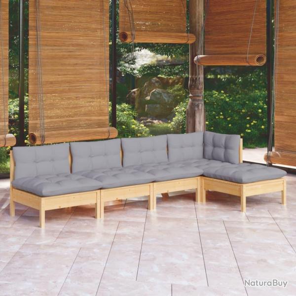 Salon de jardin 5 pcs avec coussins gris bois de pin