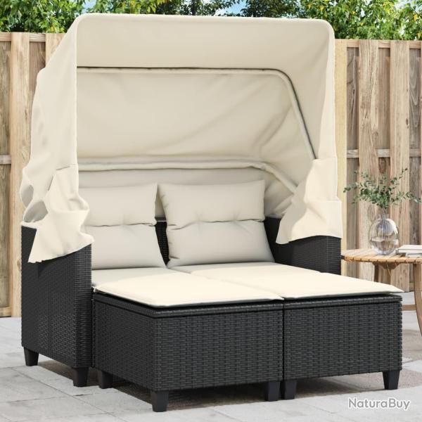 Canap� de jardin 2 places avec auvent et tabourets noir rotin