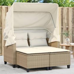 Canap&eacute; de jardin 2 places avec auvent et tabourets beige rotin
