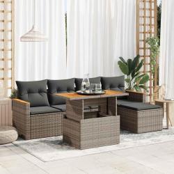 Salon de jardin avec coussins 6 pcs gris r&eacute;sine tress&eacute;e acacia