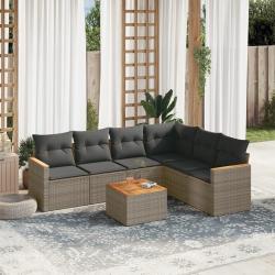 Salon de jardin avec coussins 7 pcs gris r&eacute;sine tress&eacute;e