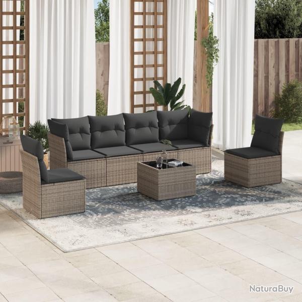 Salon de jardin avec coussins 7 pcs gris r�sine tress�e