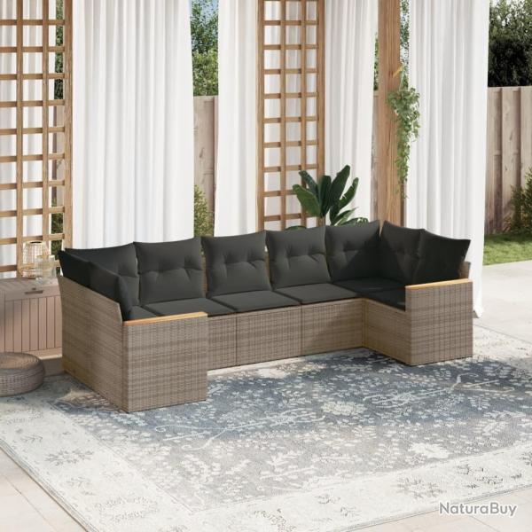 Salon de jardin avec coussins 7 pcs gris r�sine tress�e