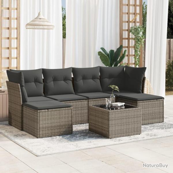 Salon de jardin avec coussins 7 pcs gris r�sine tress�e